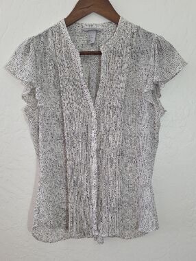 H&M Speckled Black and White Ruffle Sleeve Sheer Blouse